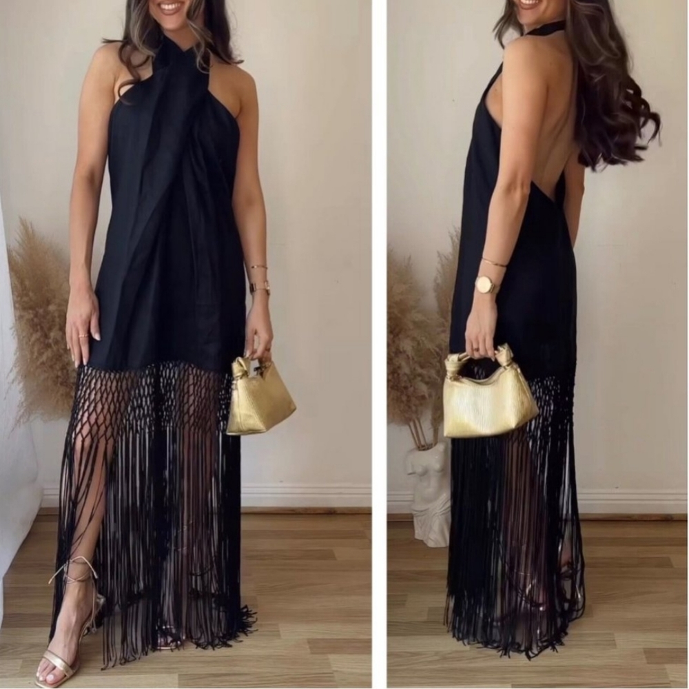 Zara halter * linen dress with fringe black size XS - Picture 16 of 16